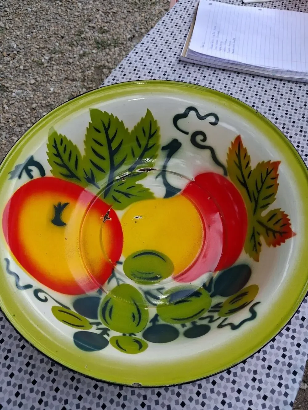 Vintage Enamel Metal Fruit Pattern Round Bowl 15 3/4 in Multicolor Painted